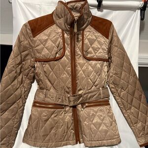 Vince Camuto Quilted Beige Jacket with Brown Trim